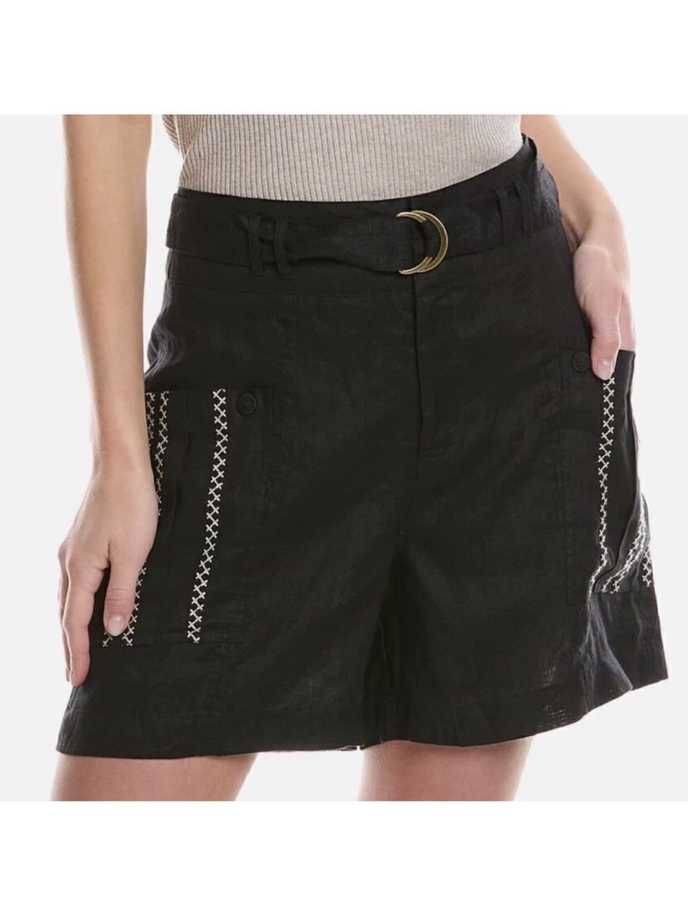 Johnny Was XS Joni Black Ivory Cross Stitch Embroidered Belted Cargo Shorts